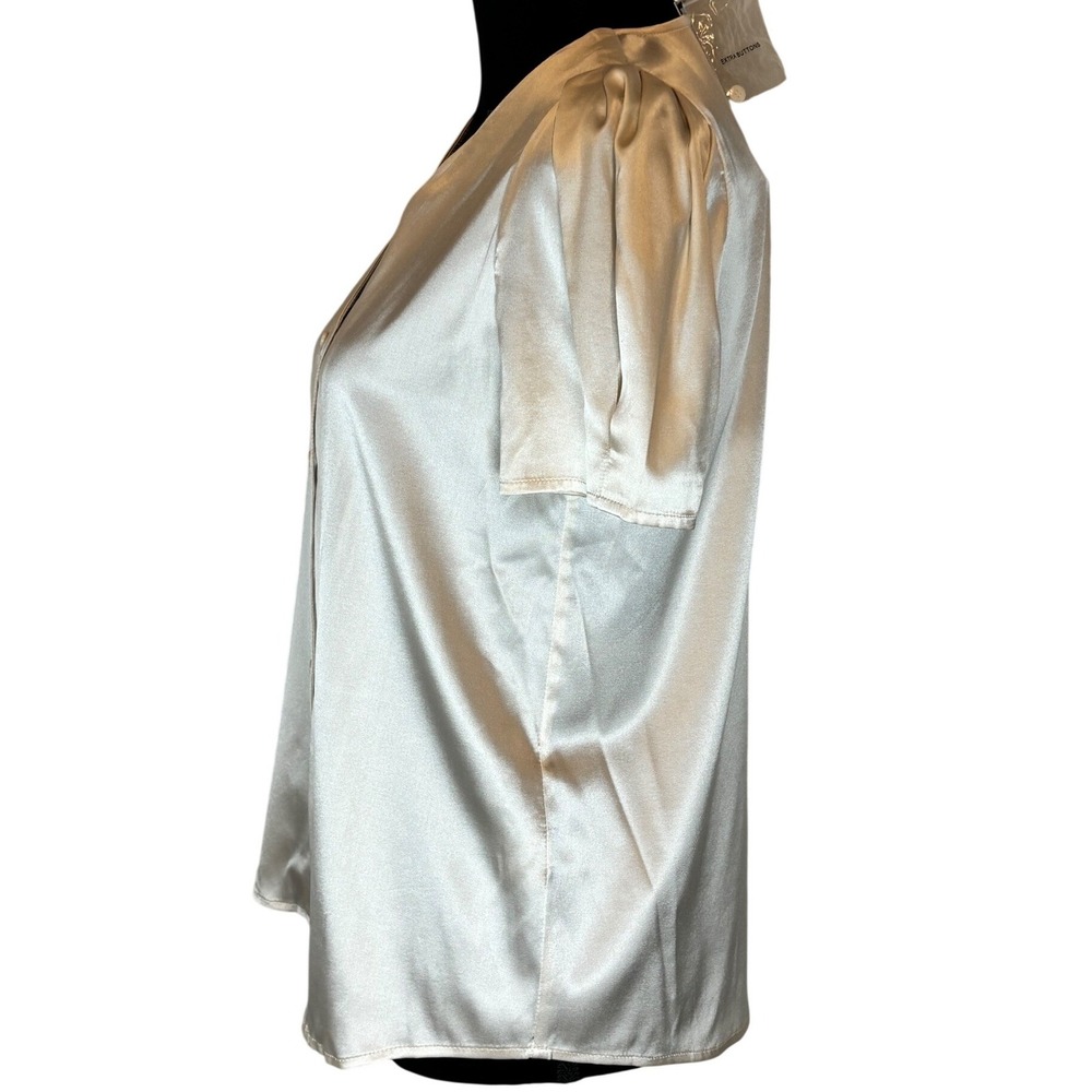 NWT Antonio Melani Silk Blend Button Front VNeck Puff Sleeve Blouse Champagne XS - Picture 2 of 8